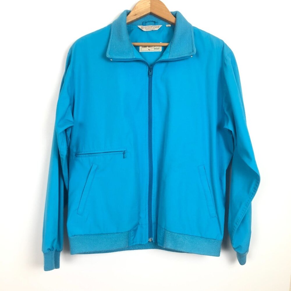 Vintage Sansabelt Golf Men's Jacket Size XXL(?) Full Zip Pockets Turquoise Blue
